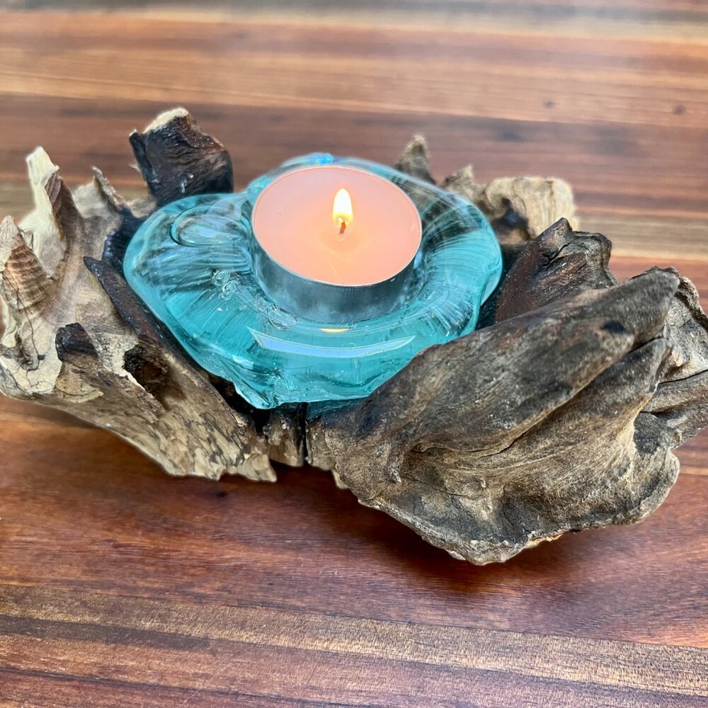 One-of-a-Kind Molton Glass Candle in Natural Wood Holder/Decor